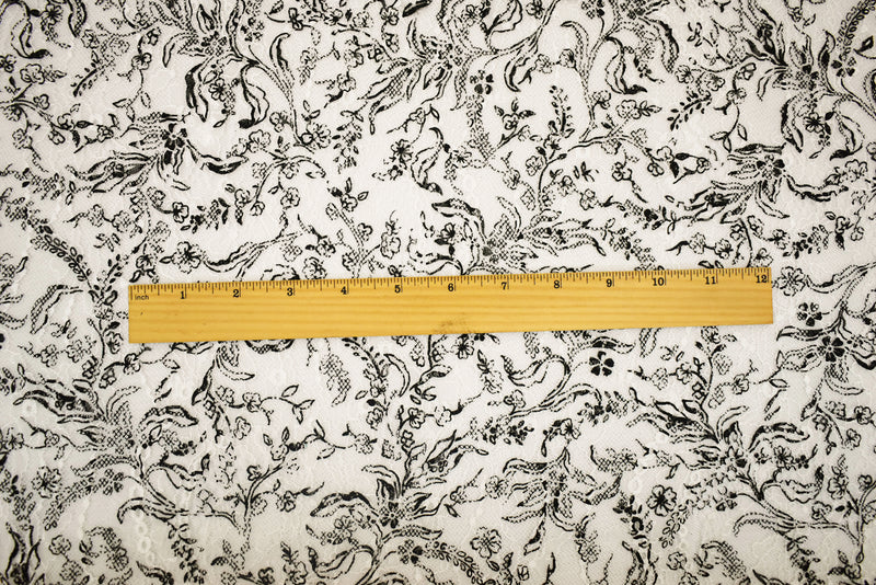 White-Black Nylon Floral Vine Printed Lace Mesh Knit Fabric