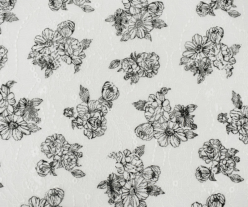 White-Black Nylon Floral Printed Lace Mesh Knit Fabric