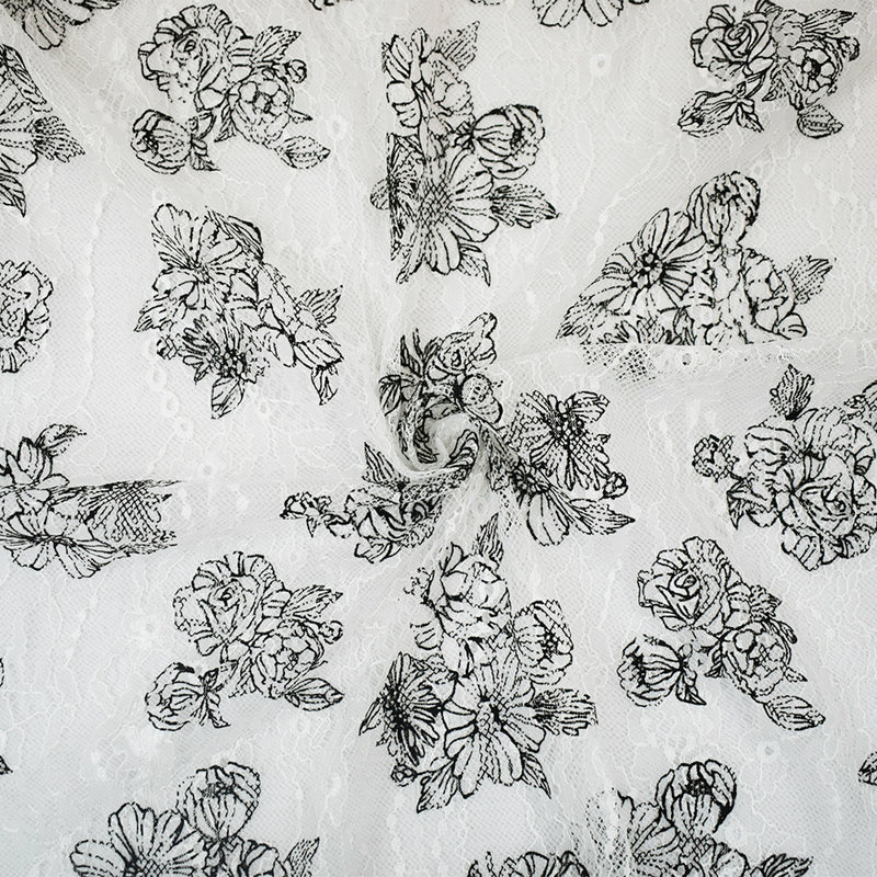 White-Black Nylon Floral Printed Lace Mesh Knit Fabric