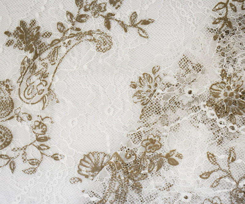 2 7/8 YD PC-White-Brown Nylon Floral Printed Lace Mesh Knit Fabric