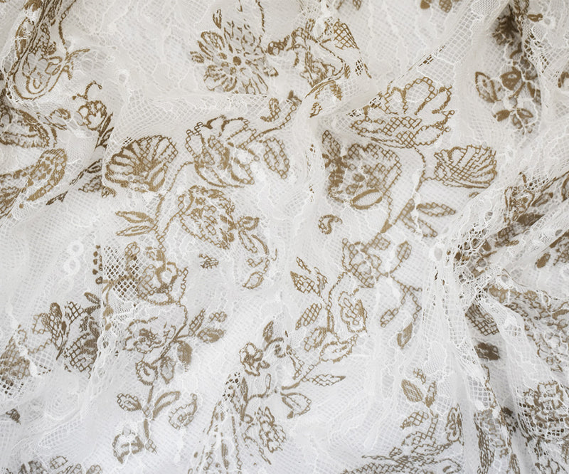 White-Brown Nylon Floral Printed Lace Mesh Knit Fabric