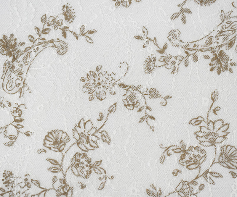 2 7/8 YD PC-White-Brown Nylon Floral Printed Lace Mesh Knit Fabric