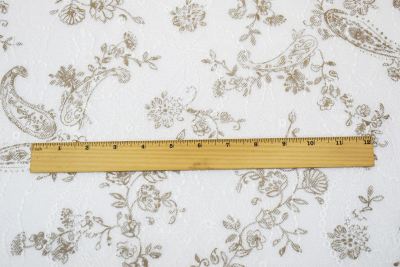 2 YD PC-White-Brown Nylon Floral Printed Lace Mesh Knit Fabric
