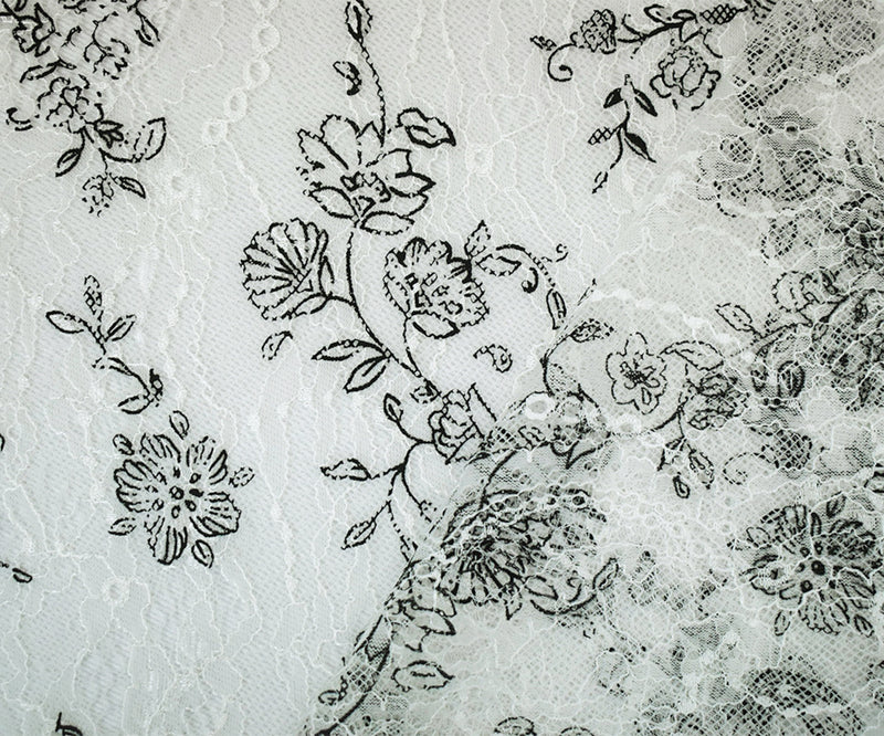 White-Black Nylon Floral Paisley Printed Lace Mesh Knit Fabric