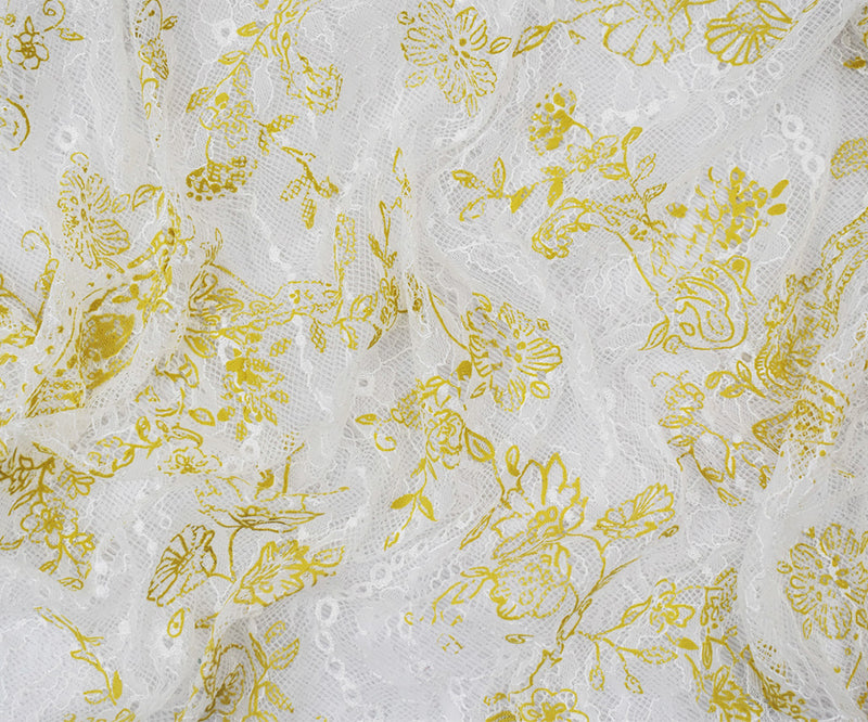 White-Yellow Nylon Floral Paisley Printed Lace Mesh Knit Fabric