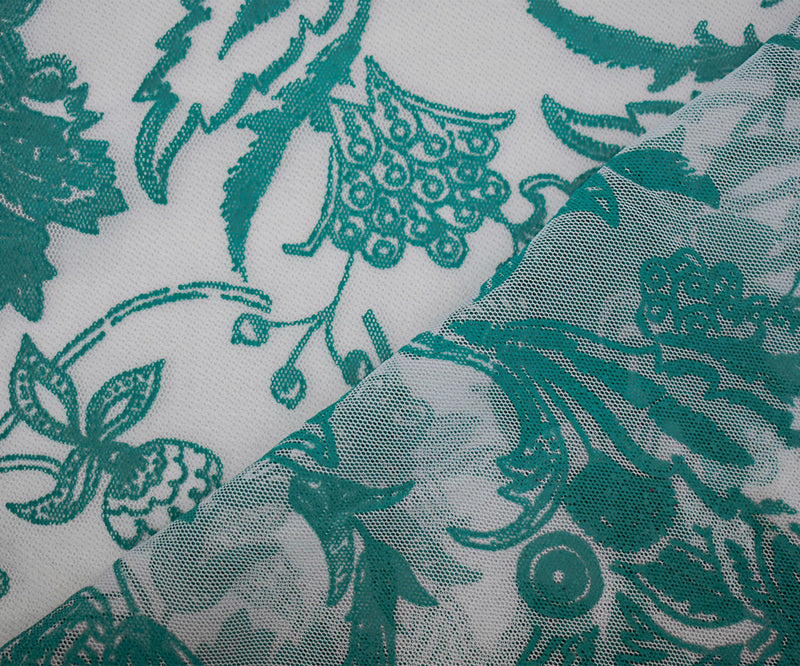 Dark Teal-White Nylon Floral Printed Mesh Tulle Knit Fabric