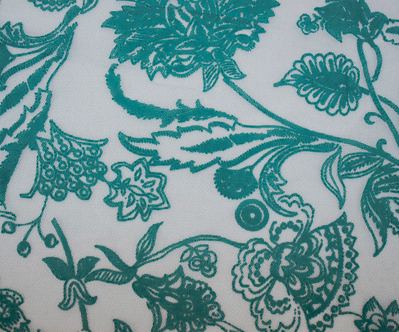 Dark Teal-White Nylon Floral Printed Mesh Tulle Knit Fabric