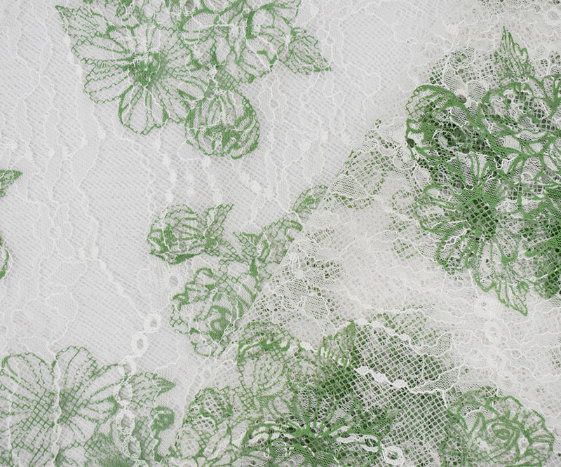 White-Green Nylon Floral Printed Lace Mesh Knit Fabric