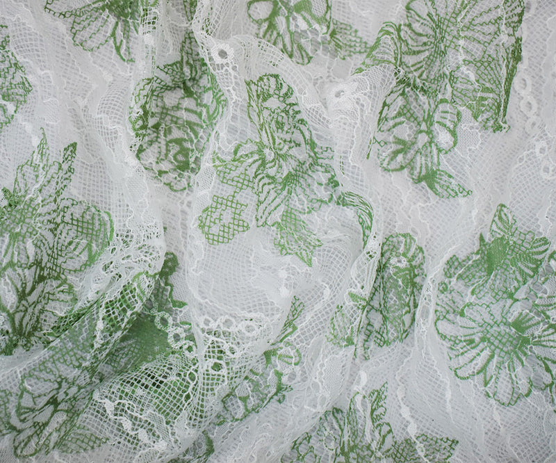 White-Green Nylon Floral Printed Lace Mesh Knit Fabric