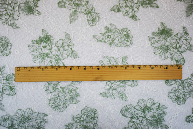 White-Green Nylon Floral Printed Lace Mesh Knit Fabric