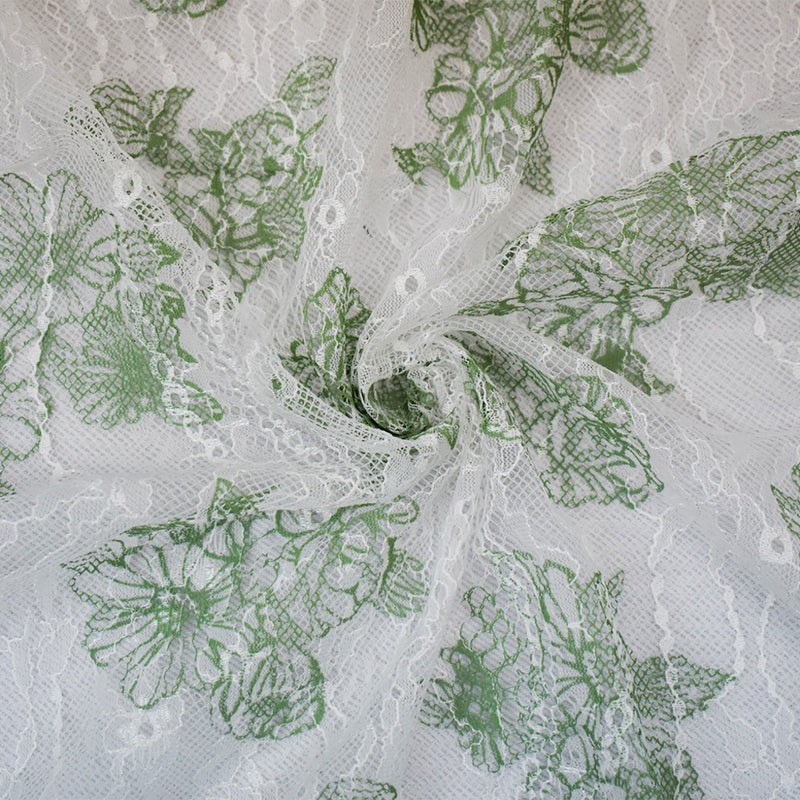 White-Green Nylon Floral Printed Lace Mesh Knit Fabric