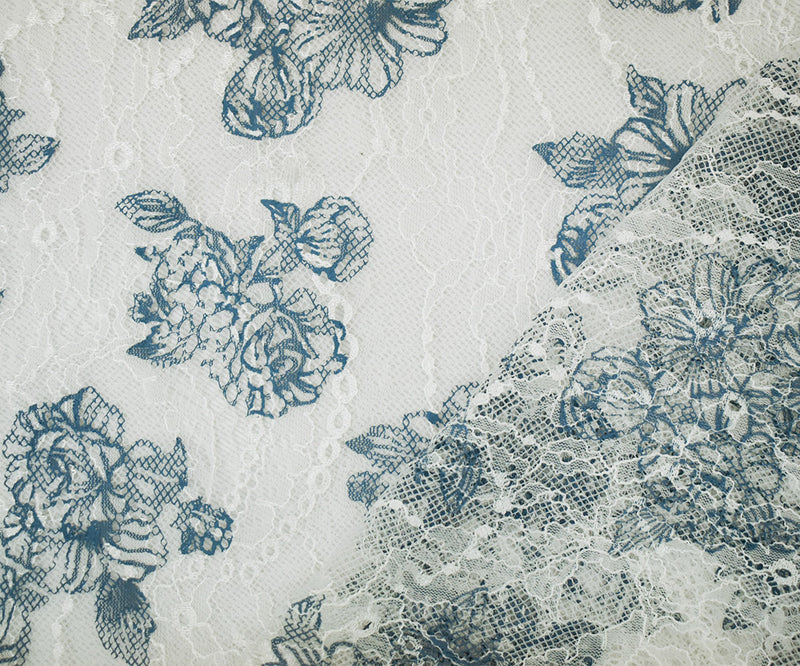 White-Blue Nylon Floral Printed Lace Knit Fabric