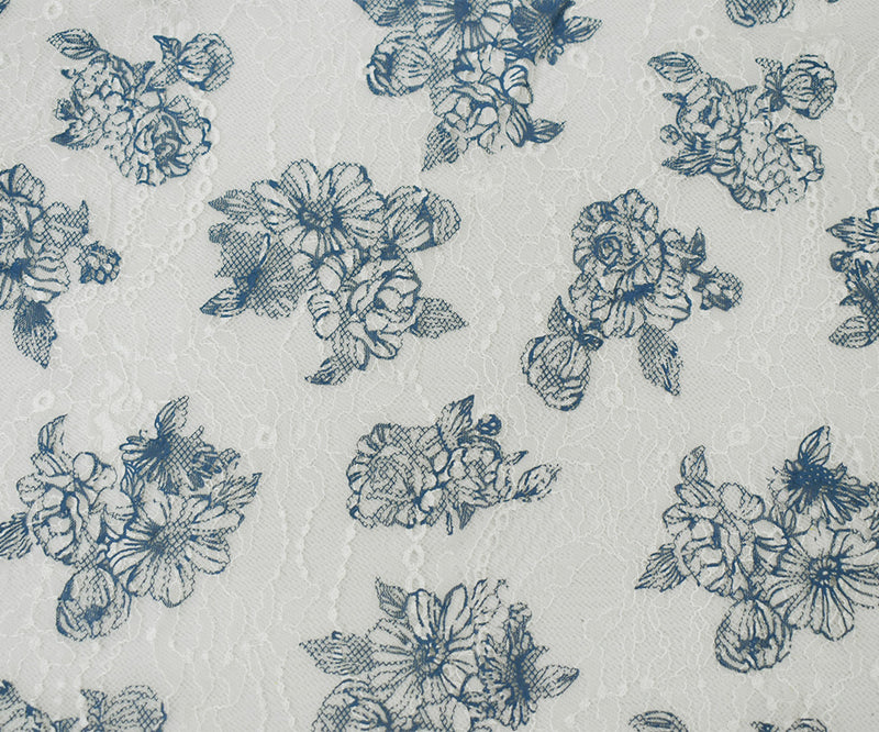 White-Blue Nylon Floral Printed Lace Knit Fabric