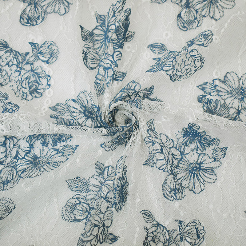 White-Blue Nylon Floral Printed Lace Knit Fabric