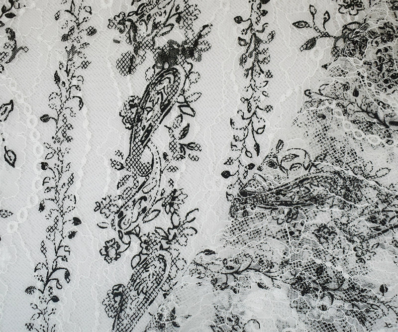 White-Black Nylon Floral Paisley Printed Lace Mesh Knit Fabric