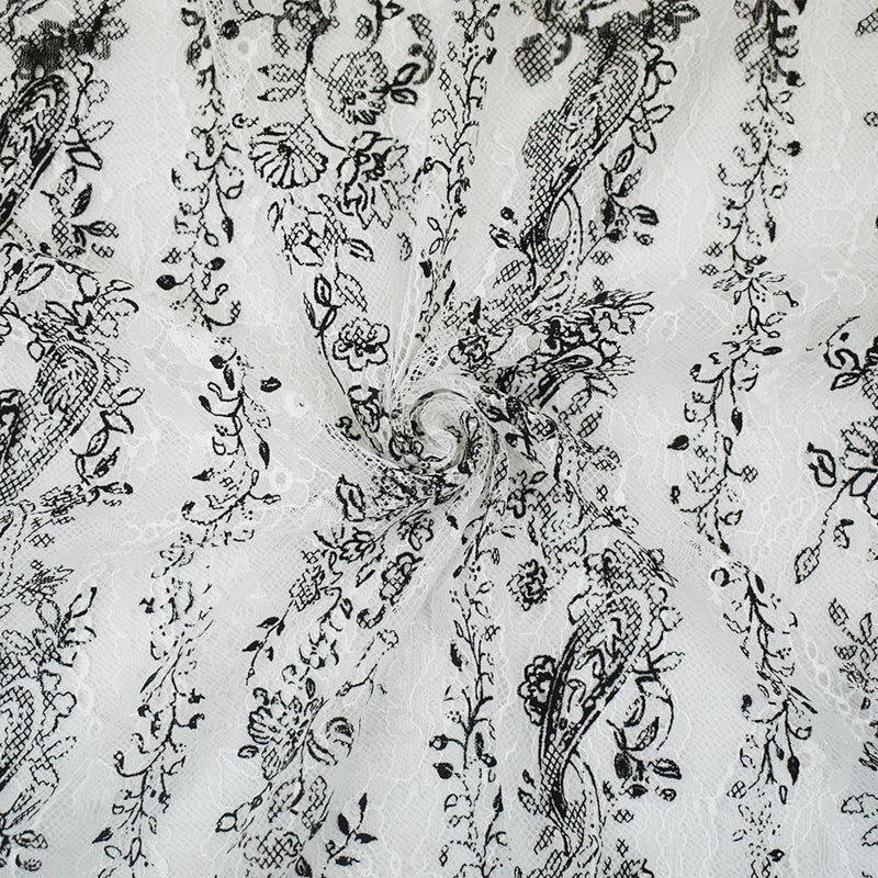 White-Black Nylon Floral Paisley Printed Lace Mesh Knit Fabric