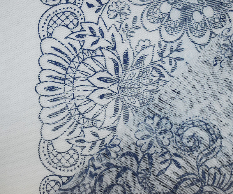 White-Dark Blue Nylon Floral Border Printed Mesh Tulle Fabric