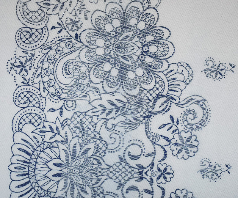 White-Dark Blue Nylon Floral Border Printed Mesh Tulle Fabric
