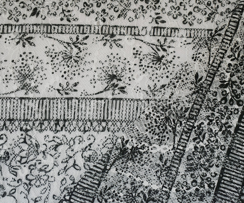 White-Black Nylon RAYON Floral Stripe Printed Lace Mesh Knit Fabric