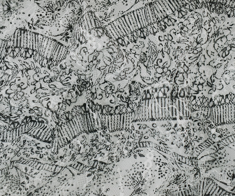White-Black Nylon RAYON Floral Stripe Printed Lace Mesh Knit Fabric