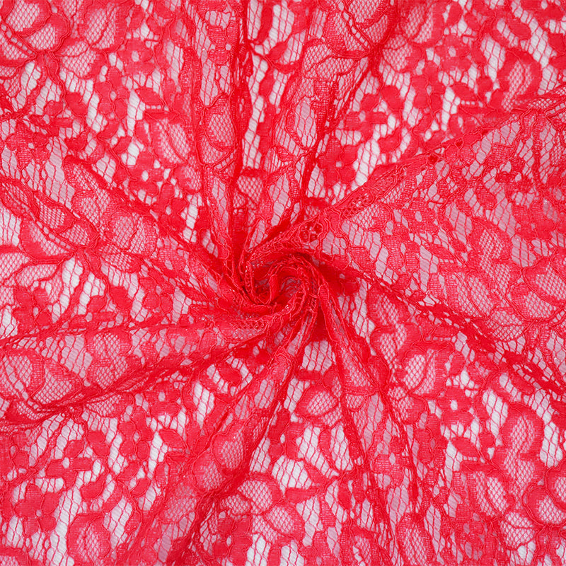 Coral Red Nylon Cotton Crochet Floral Lace Mesh Knit Fabric