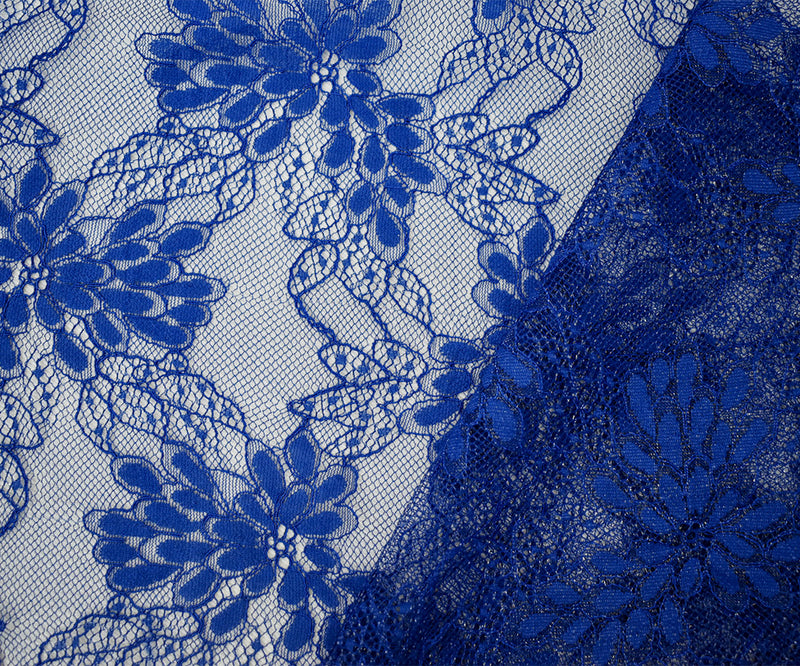 Blue-Silver Poly Nylon Floral Lace Knit Fabric