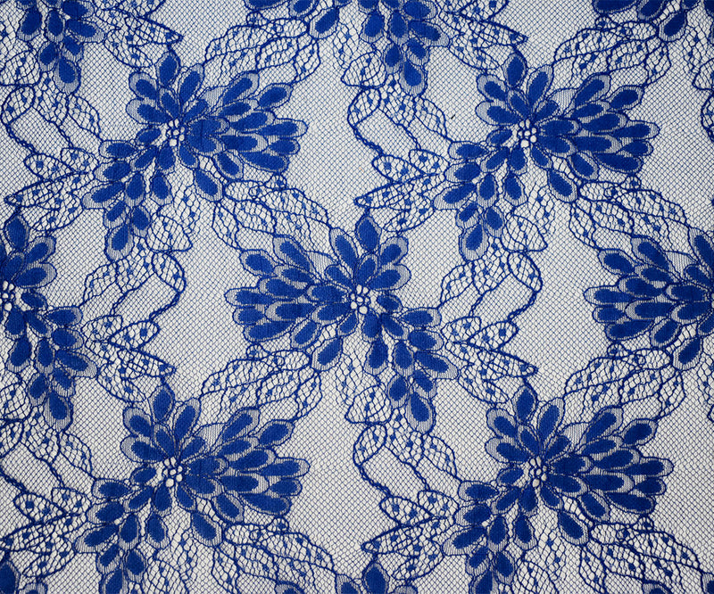 Blue-Silver Poly Nylon Floral Lace Knit Fabric