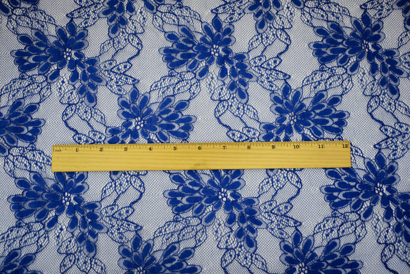 Blue-Silver Poly Nylon Floral Lace Knit Fabric