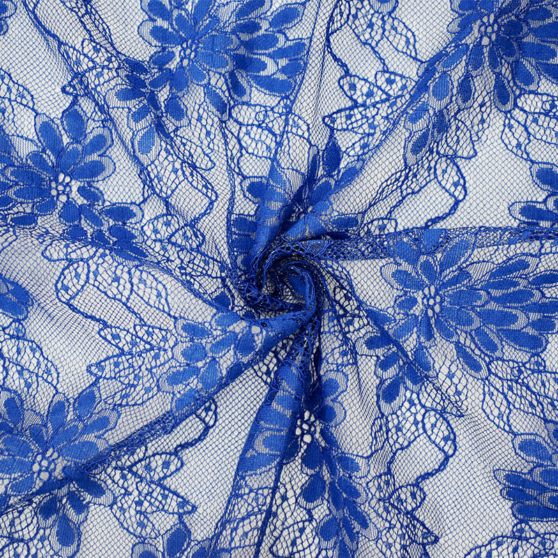 Blue-Silver Poly Nylon Floral Lace Knit Fabric