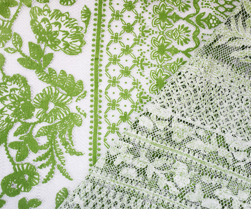 White-Green Nylon Cotton Floral Stripe Printed Mesh Tulle Knit Fabric
