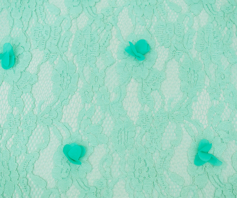 Pastel Teal Cotton-Poly Floral Applique Lace Mesh Knit Fabric
