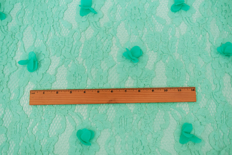 Pastel Teal Cotton-Poly Floral Applique Lace Mesh Knit Fabric
