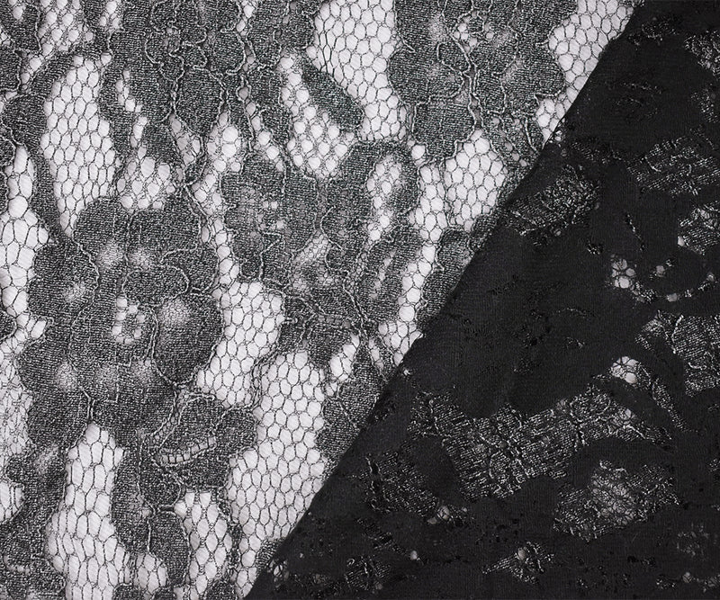 Black-Silver Cotton Polyester Crochet Floral Lace Mesh Knit Fabric