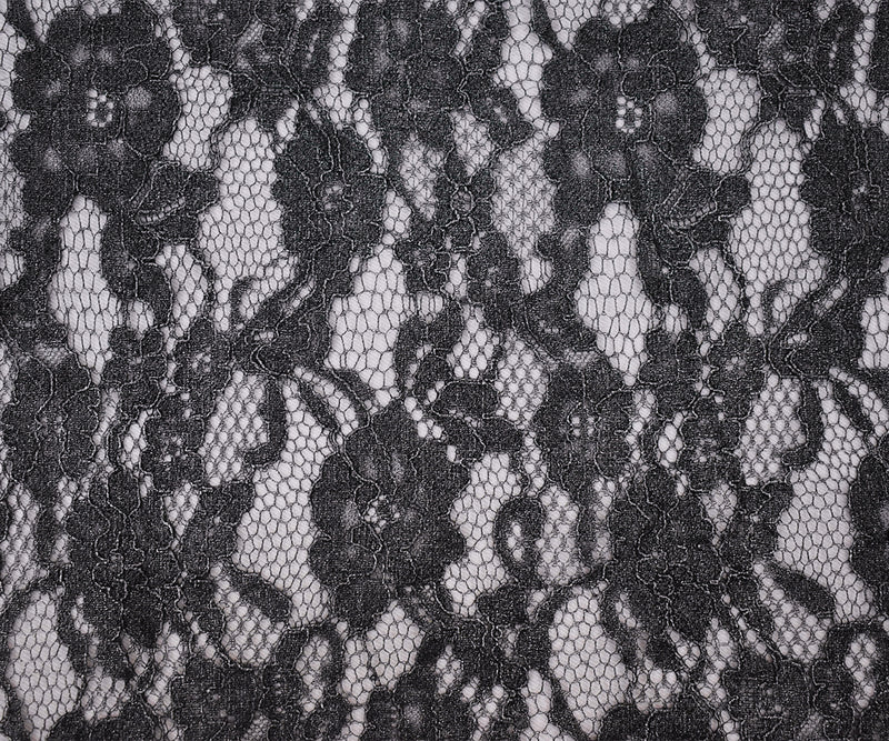 Black-Silver Cotton Polyester Crochet Floral Lace Mesh Knit Fabric