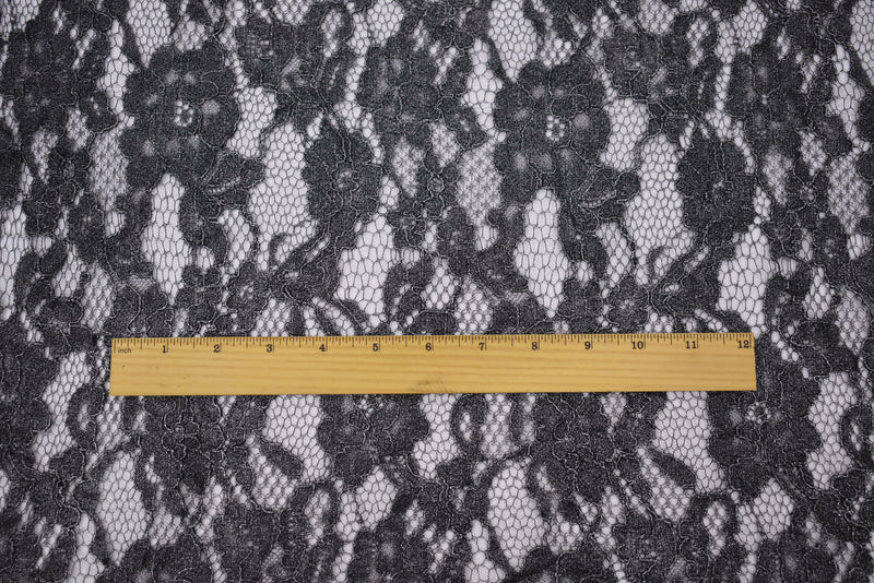 Black-Silver Cotton Polyester Crochet Floral Lace Mesh Knit Fabric