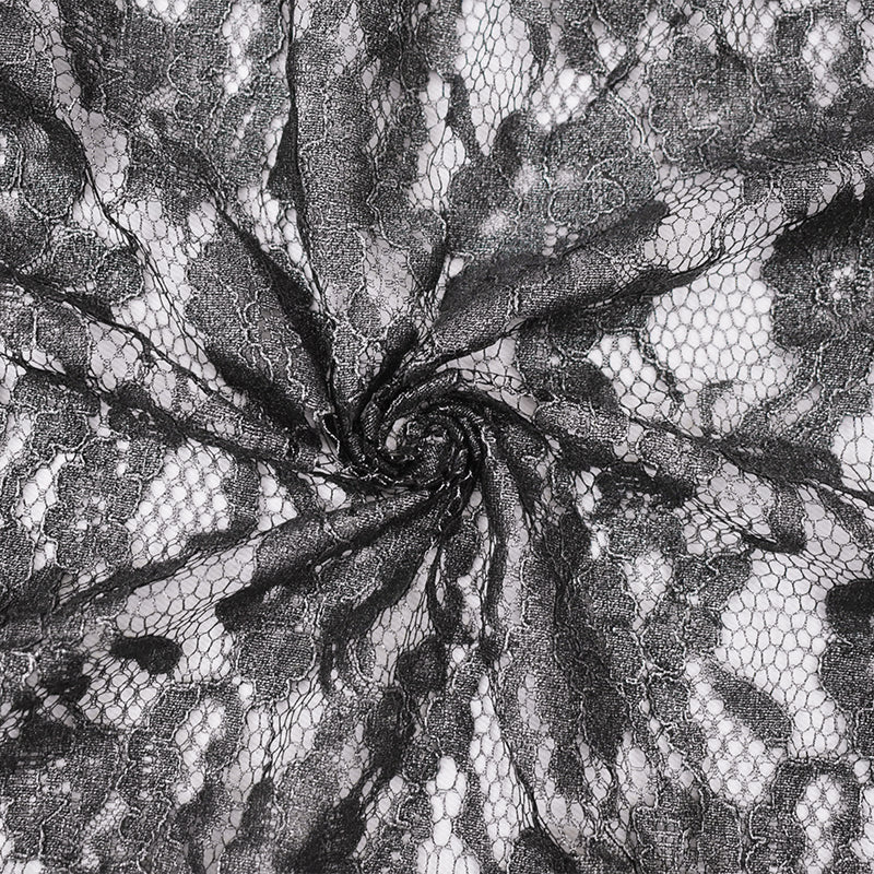 Black-Silver Cotton Polyester Crochet Floral Lace Mesh Knit Fabric
