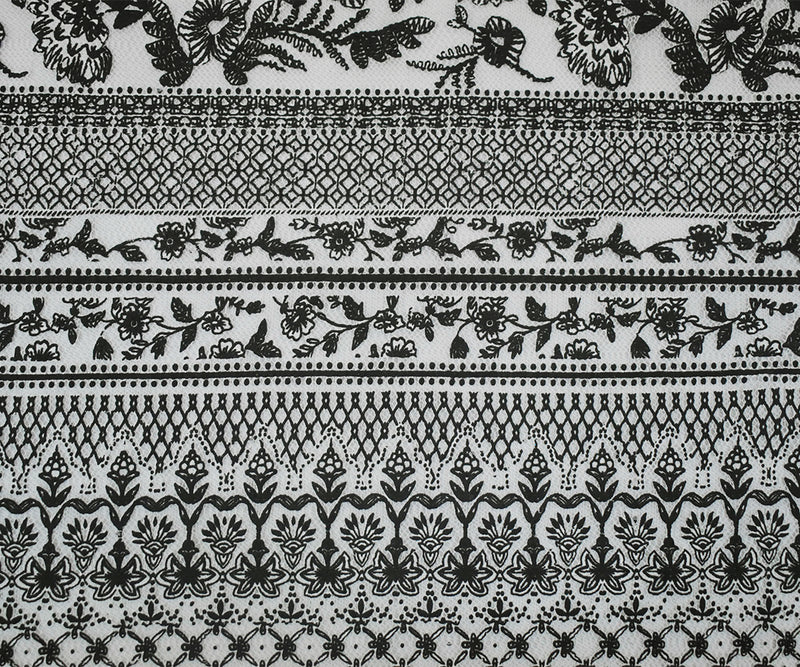Black-White Cotton Nylon Floral Printed Mesh Fabric