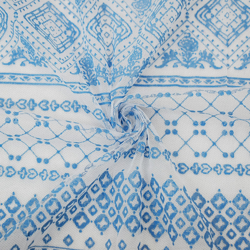 White-Blue Poly Stretch Diamond Multi Pattern Stripe Print Mesh Tulle Fabric