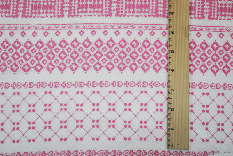 White-Pink Nylon Stretch Diamond Multi Pattern Stripe Print Mesh Tulle Fabric