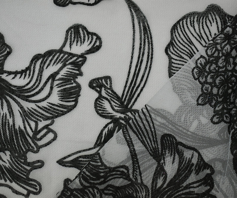 Black-White Nylon Floral Printed Mesh Tulle Knit Fabric