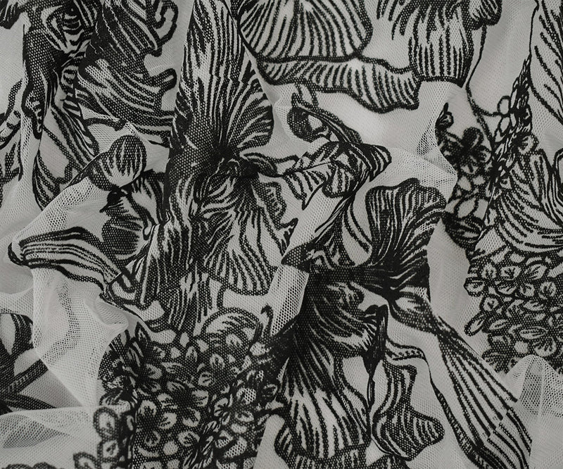 Black-White Nylon Floral Printed Mesh Tulle Knit Fabric