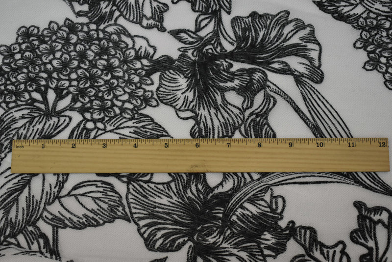 Black-White Nylon Floral Printed Mesh Tulle Knit Fabric