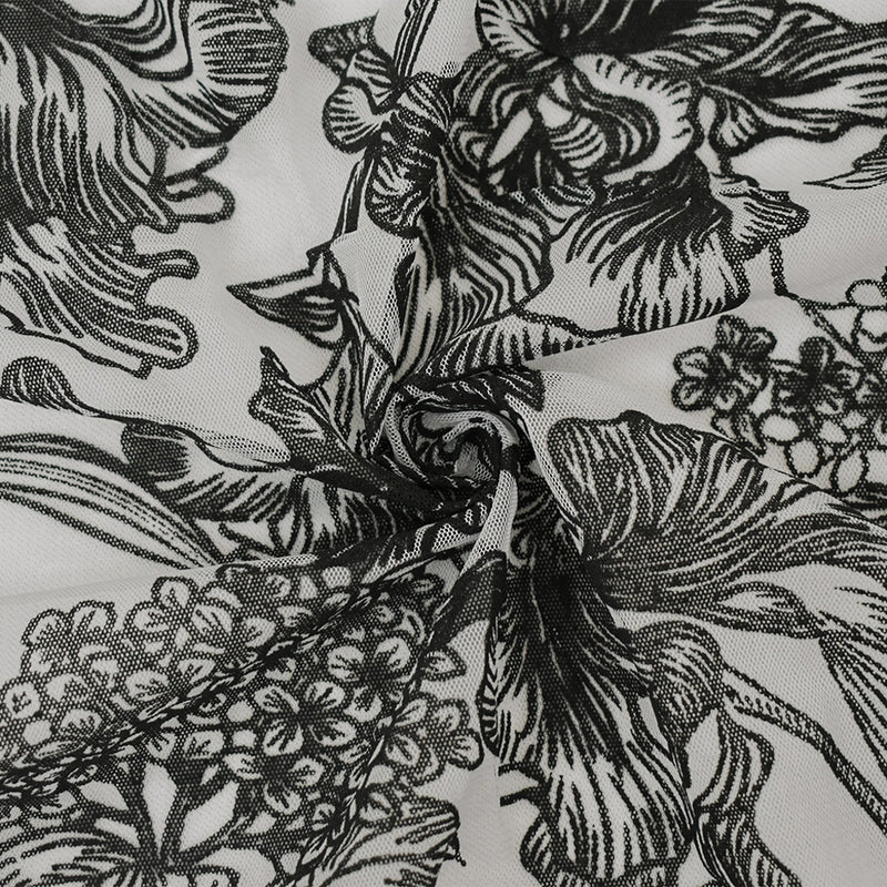 Black-White Nylon Floral Printed Mesh Tulle Knit Fabric