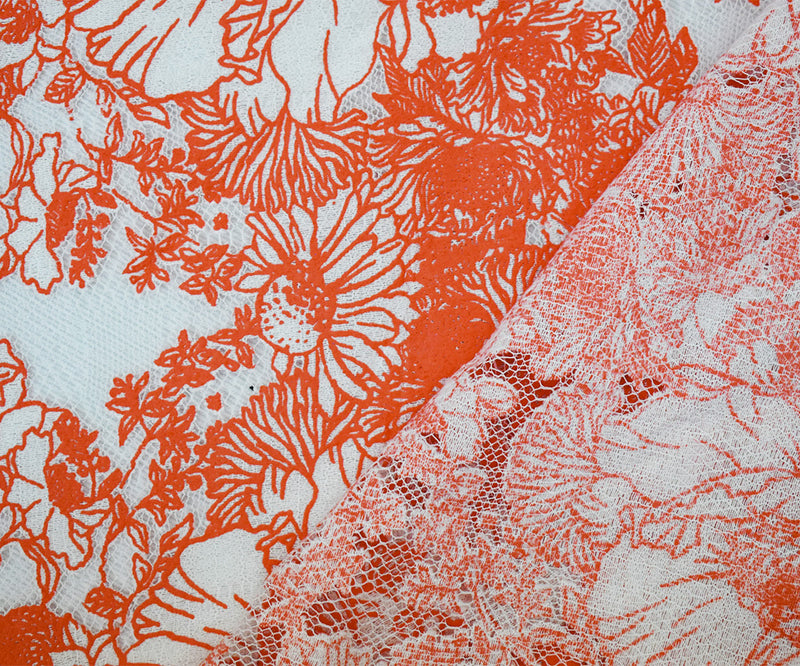 Orange-White Cotton Nylon Floral Printed Crochet Lace Mesh Knit Fabric