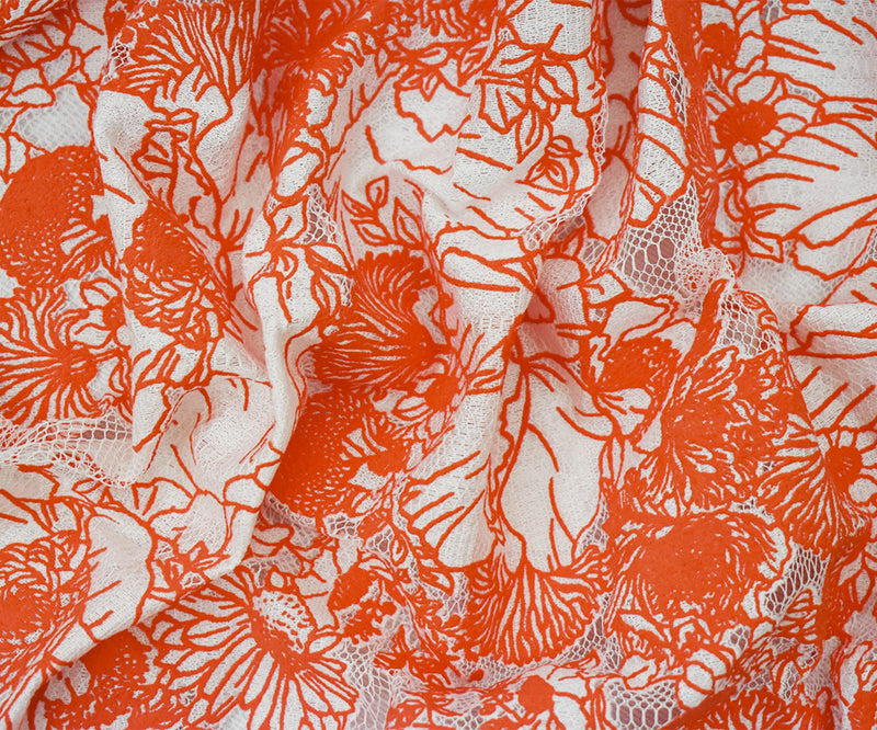 Orange-White Cotton Nylon Floral Printed Crochet Lace Mesh Knit Fabric