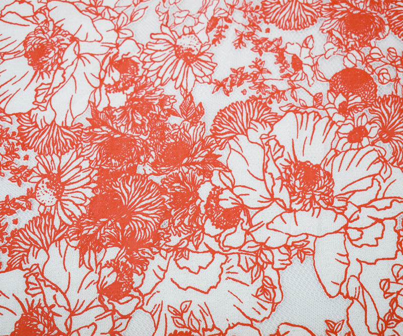Orange-White Cotton Nylon Floral Printed Crochet Lace Mesh Knit Fabric