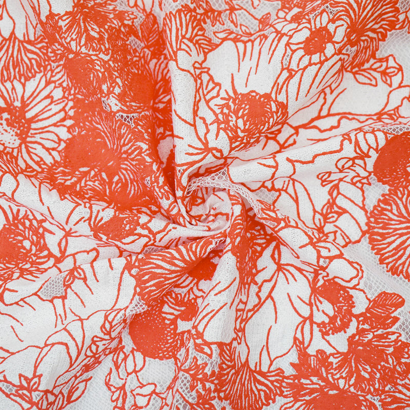 Orange-White Cotton Nylon Floral Printed Crochet Lace Mesh Knit Fabric