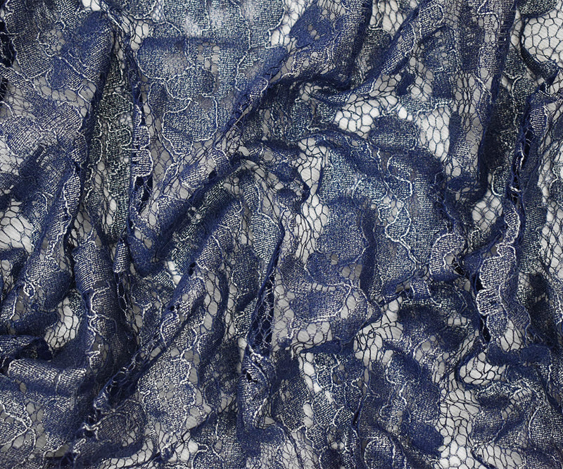Blue-Silver Poly Nylon Floral Lace Mesh Knit Fabric