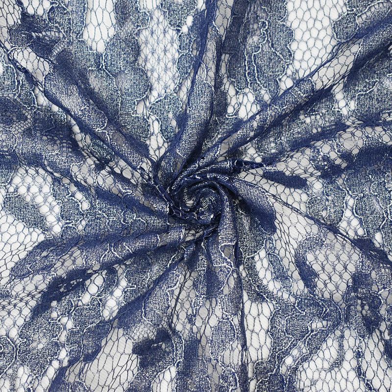 Blue-Silver Poly Nylon Floral Lace Mesh Knit Fabric