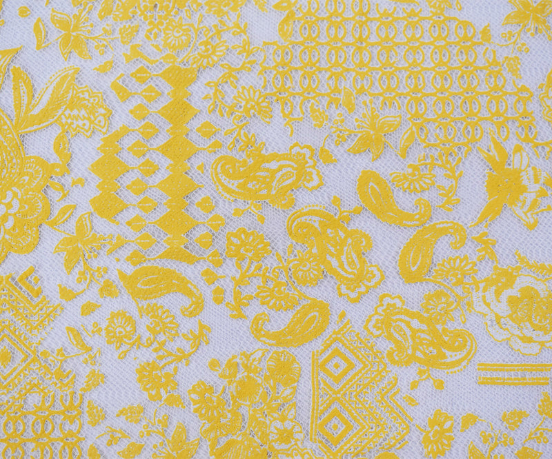 White-Yellow Cotton Nylon Floral Multi Pattern Printed Crochet Lace Knit Fabric